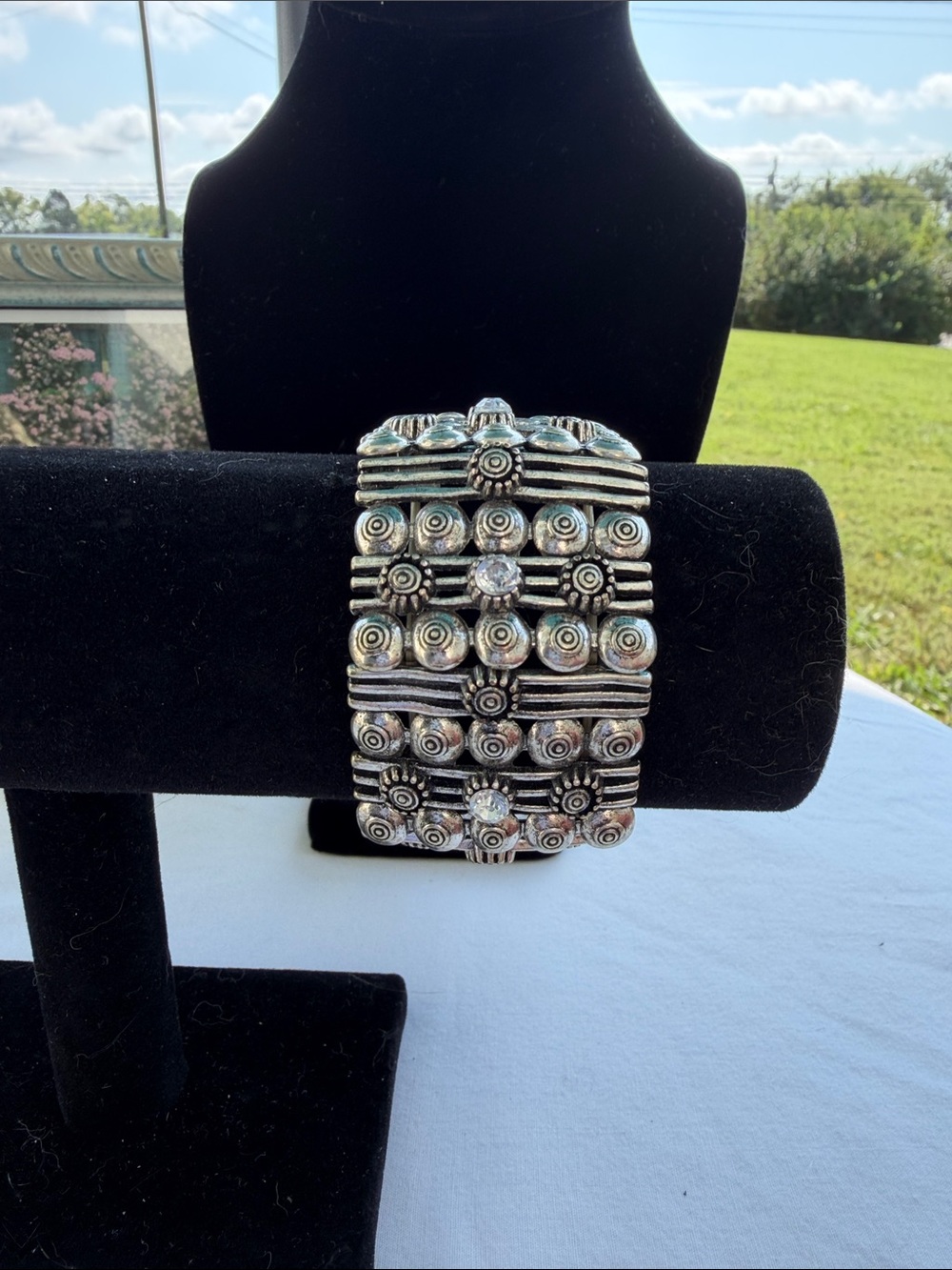 Wide Silver-Tone Embossed Bead Cuff Bracelet - Women's Jewelry